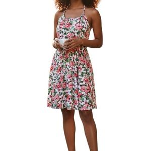 Floral Halter Midi Dress in Pink and Green